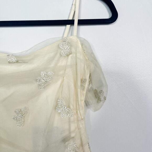 New Francescas Le Lis Cream Small Embroidered Butterfly Mesh Bodysuit Sheer Top - Picture 3 of 12